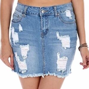 Wax Jean Blue Jean Denim Mini Skirt Distressed Frayed Hem Pockets Zipper Front S